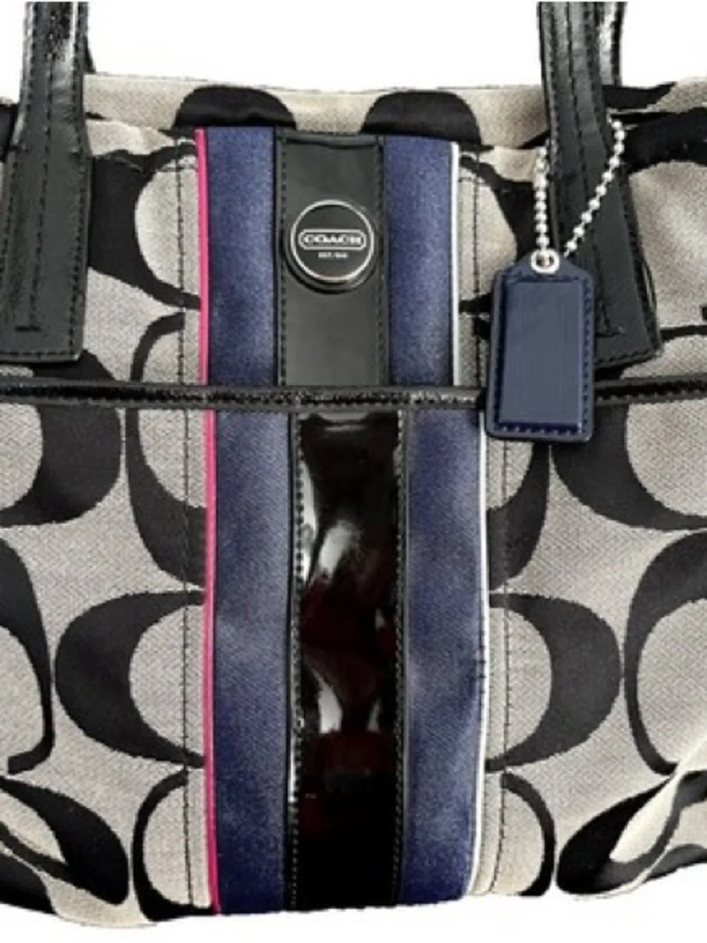 Coach Signature Tote in Black, Tan and Navy with Purple Stripe